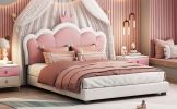 Full size Upholstered Princess Bed With Crown Headboard,Full Size Platform Bed with Headboard and Footboard, White+Pink