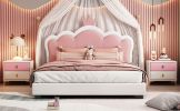 Full size Upholstered Princess Bed With Crown Headboard,Full Size Platform Bed with Headboard and Footboard, White+Pink