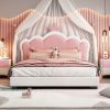 Full size Upholstered Princess Bed With Crown Headboard,Full Size Platform Bed with Headboard and Footboard, White+Pink