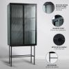 Retro-Styled, Fluted Glass High Cabinet with Detachable Shelves and Dual Doors for Living Room, Bathroom, Dining Room, Kitchen, Entryway - Black