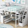 Full Size Loft Bed with Desk and Shelves, Two Built-in Drawers, Storage Staircase, White