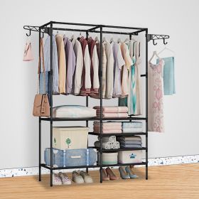 Metal Garment Rack Shoe Clothing Organizer Shelves Freestanding Multifunctional Clothes Wardrobe (Color: Black)